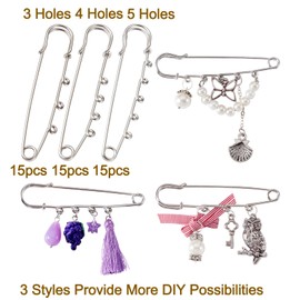 Beadthoven 45pcs Safety Pins with 3/4/5 Loops Assorted Heavy Duty Metal Brooch Pins Kilt Pins Fasteners for Clothes Blankets Skirts Quilting Knitted DIY Crafts Jewelry Making 2.95Inches