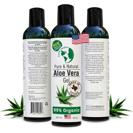 Aloe Vera orgánico de aloe vera 100% puro y natural prensado en frío con dispensador de disco de 8 onzas, ideal para la cara, cabello, acné, quemaduras solares, piel seca