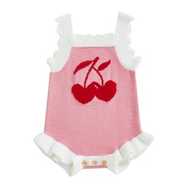 Baby Girl Knit Romper Summer Sleeveless Cherry Crochet Bodysuit One Piece Jumpsuit Infant Newborn Girls Overalls Outfit (Pink, 12-18 Months)