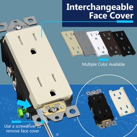 LIDER Matte Finish Decorator Receptacle with Interchangeable Face Cover, Child Safe Tamper-Resistant Wall Outlet, Commercial Grade, Self-Grounding, 15A 125V, UL Listed, LR15-TR-LA, Light Almond