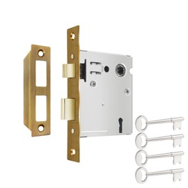 Mortise Lock Replacement Parts, Old Style Indoor Mortise Lock Assembly Kit with Antique Skeleton Keys and Reversible Latch Bolt, Antique Brass Plated Finish