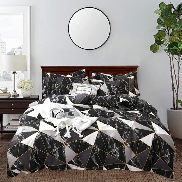 CLOTHKNOW Black White Marble Comforter Sets Queen Triangle Geometric Bedding Comforter Sets Full White Black Grey Bedding Sets for Men Women White Grey Bed Comforter 3Pcs Black Comforter Queen Sets