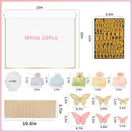 BESUPERT 52Pcs Flower Bouquet Wrapping Paper Kit, 20 Sheets White Waterproof Floral Wrapping Paper, 1 Letter 1 Rhinestone Sticker, 12 Gold 12 Pink Butterflies, 5 Cards, 1 White Ribbon (Gold Edge)