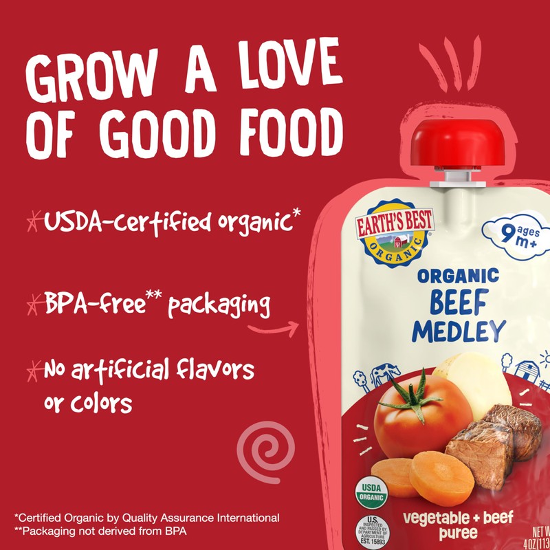 Earth's Best Organic Baby Food Pouches, 9+ Months, Beef, Vegetable,