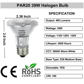 Vannise PAR20 Flood 39W 120V 480 Lumens, 6pcs High Output PAR20 Halogen Light Bulb Warm White 2800K, 39W PAR 20 Dimmable with E26 Base, Long Lasting PAR 20 Flood Light Bulb for Indoor Outdoor