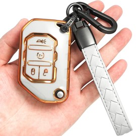 Yonmcfn for Jeep Key fob Cover with Leather Keychain,Gold Soft TPU 4 Buttons Key Shell,fit 2020 2021 2022 2023Wrangler JL JLU Gladiator JT Rubicon flip Remote car Key(White)