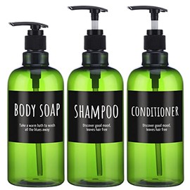 Shampoo Bottles with Labels, Segbeauty 3pcs 16.9oz Green Pump Dispenser for Bathroom Shower, 500ml Empty Refillable Plastic Press Bottle for Body Soap Shampoo Conditioner Hand Soap Hotel