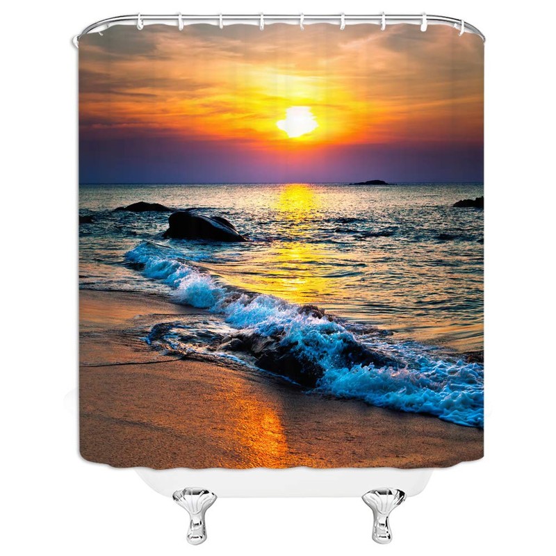 Ocean Beach Shower Curtain Beach Sunrise Sunset Scene Ocean Waves