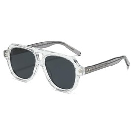 YAMEIZE Polarised Sunglasses Men Women Retro 70s Vintage Rectangular Sunglasses Polarised Aviator Glasses Double Bridge Glasses UV400 Protection, Transparent / grey