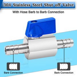 1/4'' Barb Shut Off Valve, 304 Stainless Steel Fuel Shut Off Valve, Mini Hose Barb Ball Valve with Clamps, Heavy Duty 1/4inch Hose ID Barb Ball Valve for Heater Hose、Fuel、Water、Drip Irrigation, etc