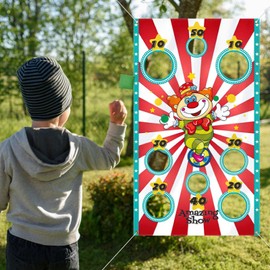 APOMOONS Circus Clown Throwing Game Banner Circus Banner Carnival Decoration Throwing Game Toy with 4 Pieces Bean Bags Throwing Games Indoor Outdoor for Children Circus Carnival Birthday Party