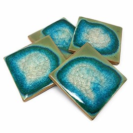 American Handmade Stoneware Coasters with Crackled Fused Glass by Dock 6 Pottery, Jade Green, Set of 4, Each One Varies