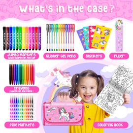 Washable Markers Set with Glitter Unicorn Pencil Case, Art Supplies for Kids Ages 5-6-8, Birthday Gifts Toys for Girls 5 6 7 8 9 10 Year Old, Arts Crafts Coloring Set with Crayon, Pencil, Gel Pen