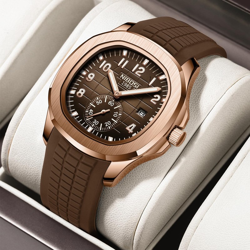 NIBOSI Men's Analog Watch, Brown Silicone Strap, Date Display