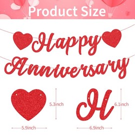 Cartel de felicitación de aniversario con purpurina roja – Cartel de cartón preencordado con guirnalda de corazón para parejas, bodas, aniversarios, fiestas de amor, y decoraciones románticas