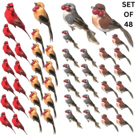 BANBERRY DESIGNS Feathered Song Bird Clip-On Ornaments - Set of 48 Assorted Styles of Birds with Metal Clips - Cardinals, Orioles, Finches and Chickadees Carrying Red Berries - Measures 4" W