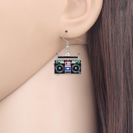 DUOWEI Acrylic Funny 80s 90s Vintage Cassette Tape Player Earrings Dangle Gifts for Women Mom Birthday Party Cute Retro Nostalgia Radio Earrings Jewelry for Music Lovers Outfit (Black)