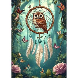 Bowetile DIY Diamond Painting Dreamcatcher, Owl Diamond Art Painting Kits for Adults, Full Drill Dreamcatcher Painting Rhinestone Embroidery Pictures for Beginners, Home Wall Decor 30x40 cm