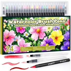 ThEast 24 Watercolor Brush Pens with 2 Refillable Blending Brushes - Flexible Real Nylon Brush Tip Watercolor Markers for Coloring & Journaling & Calligraphy, Art Supplies