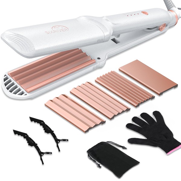 Sixriver Hair Crimper for Women Hair Waver Hair Straightener Curling Iron 4 in1 Flat Crimping Iron Plates Ceramic Waver Hair Tool Volumizing Crimper with 15s Fast Heating (White)