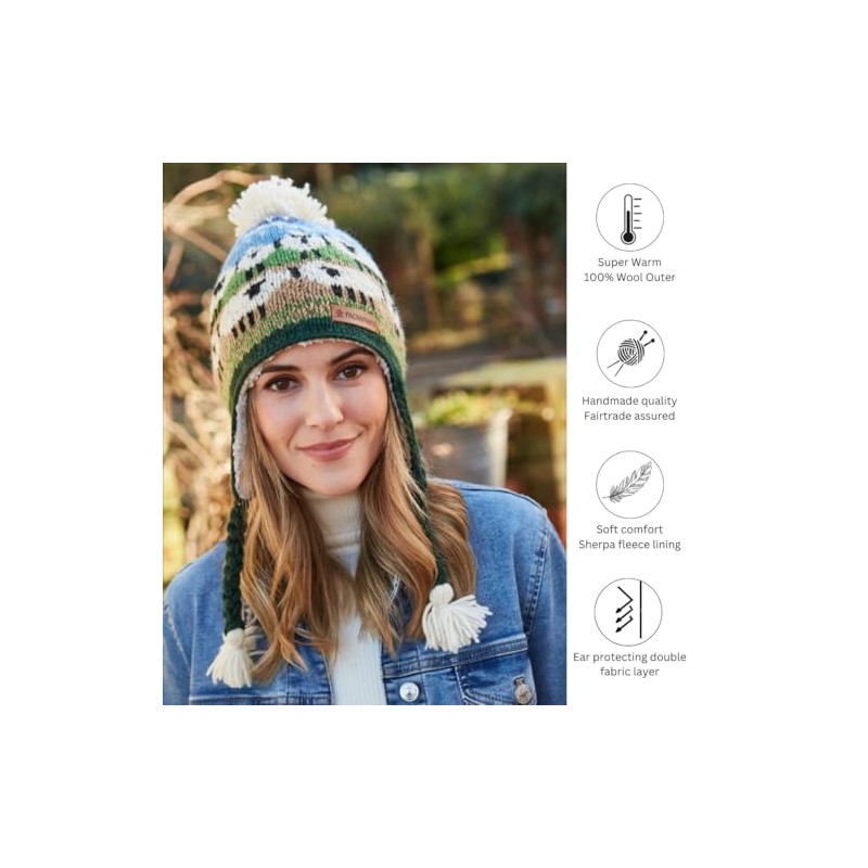 Pachamama Women Wool Bobble Beanie Hat Ear Flaps Handknitted Cute