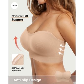 OEAK Strapless Bras for Women Wireless Bandeau Bra Non Slip Push Up Tube Top Seamless Bras Comfortable Padded Bralette Nude S