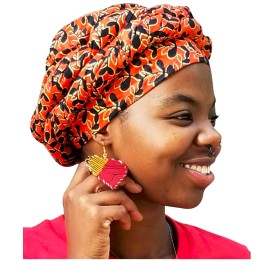 Dupsie's Orange Leaf African Print Ankara Modu Hat Pre-tied Head Wrap DP3844PT