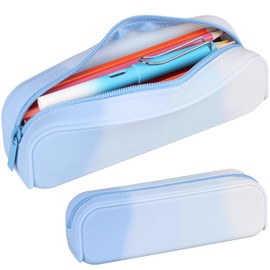 Pencil Holder Case, Gradient Color Silicone Waterproof Pencil Pouch, Portable Silicone Pencil Bag Aesthetic Zipper Pencil Pouch for School Supplies Office College Teen Girls Adults (Blue)