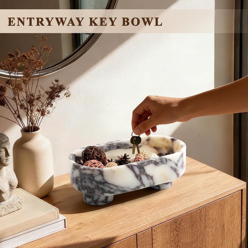 Natural Oval Marble Fruit Bowl, Two-Legged Decorative Bowl Calacatta Viola
