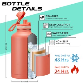 64oz Insulated Water-Bottle with Strap - Half Gallon Water Jug with Straw & Spout Lid, 2 Liter Stainless Steel Water Bottle Leak Proof, Cold-48h Hot-24h Metal Flask w/ Paracord Handle, Carrier Case