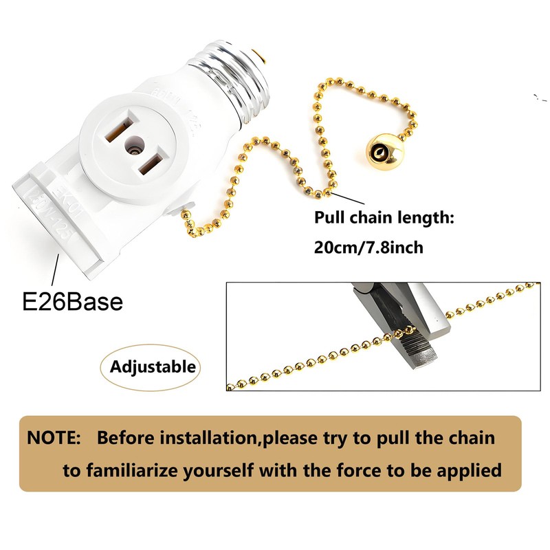QMTSINEW 2-Pack E26 Socket Outlet Adapter with Pull Chain Switch,