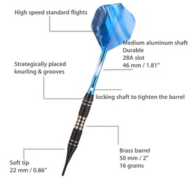 Darts Plastic Tip Set 18 Grams - Soft Tip Darts with Brass Barrel + Blue Aluminum Shafts w/ 50 Rubber O-Rings + 6 Pattern Flights + 30 Tips for Electronic Dartboard