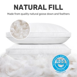 UNIKOME Goose Down Feather Pillows with 100% Cotton Cover, Queen Size Set of 2 Gusseted Bed Hotel Collection Pillows for Sleeping