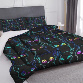 Uyivugmo Kids Cat Cartoon Comforter Bedding Sets for Child Gradient Line Cute Cat for Teens Kids Boys Girls Adults Room Decor Includes Comforter with 2 Pillowcase