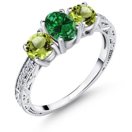 Gem Stone King 925 Sterling Silver 7X5MM Oval Green Simulated Emerald and 5MM Round Green Peridot Women Ring (1.72 Cttw, Gemstone Birthstone, Available In Size 5, 6, 7, 8, 9)