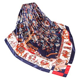 Wander Agio Silk Feeling Scarf Womens Fashion Printing Scarves Pattern Square Satin Face Headscarf Tree Dark Blue 35