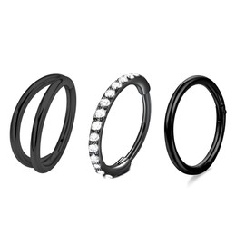 3 PCS 16G Diameter 8mm Black Nose Rings Hoops 316L Stainless Steel Septum Clicker Lip Rings Cartilage Earring Helix Rook Tragus for Men and Women