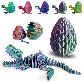 3D Printed Dinosaur Toy, 3D Printed Dinosaur Egg with Articulated Tyrannosaurus Rex, Mystery Crystal Dinosaur Flexible Rexi Toys with Bone, Articulated Fidget Dragon for Autism (Green-Purple-Copper)