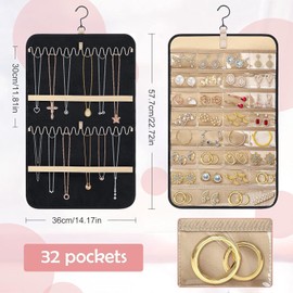 GOEDEKE Hanging Jewelry Organizer for Closet-Dual-sided Jewelry Organizer Hanging with Metal Hooks,Necklace Organizer 28Pockets and 5 Wave-Shaped Hooks,Jewelry Roll for Earrings(small)
