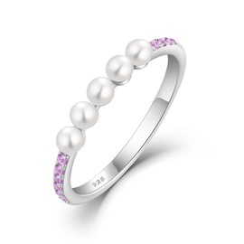 PYNZY Pearl Stackable Rings For Women, 925 Sterling Silver Created Pink Tourmaline Birthstone Eternity Ring Freshwater Culture Pearl Rings for Jewelry Gifts-8