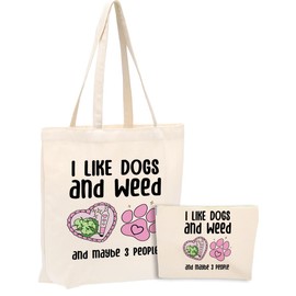 Weed Gifts Dog Gifts，2PCS Makeup Cosmetic Bag Canvas Tote Bag Beach Bag for Shopping Work Office Weed Accessories Green Leaves Decor Dog Mom Gift for Women Friend Girl Birthday Friendship Christmas