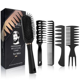 DUAIU Men's Hair Brush, Men's Styling Set, 5 Pieces Hair Brush Men, Curling Comb, Ventilated Hair Brushes, Comb Coarse, Hairdressing Comb, Texture Comb for Blow-Drying, Cutting, Smoothing, Detangling, Styling