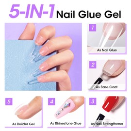 Gellen 5 in 1 Gel Nail Glue for Nail Tips and Acrylic Nails, 15ML Curing Needed UV Extension Glue for Clear Press on Nails, 28+ Days Long Lasting Adhesive Gel, DIY Home Salon Manicure