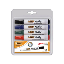 BIC, Marcador de Pizarrón, Borrado Fácil, Olor Suave, Marking, Surtido de Colores Clásicos, 4 piezas + 1 Borrador