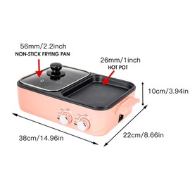 Small Electric Hot Pot with Grill, Pink 2 in 1 Indoor Non-Stick Electric Hot Pot and Griddle for BBQ, Steaks, Independent Dual Temperature Control, 14.96 * 8.66 * 3.94 inch