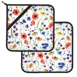 Pot Holders for Kitchen Wildflowers Watercolor Poppy Cornflower,Heat Resistant Potholder for Microwave Cooking Baking Oven End Dishes and BBQ(2PCS)