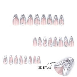 KTAABTR French Tip Press on Nails Pointed Almond Shaped Fake Nails with Glue Silver Glossy Acrylic Nails Design Full Cover False Nails Stick on Nails for Women Reusable Artificial Nails Decoration