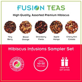Hibiscus Sampler Set, A Tangy and Tart Variety of Hibiscus Loose-Leaf Infusions, 5 Sample Pouches of Juicy Fruit Flavors combined with the Cranberry-like Flavor of Hibiscus, Each sample makes 8-10 Cups of Tea, Very Berry, Blood Orange, Strawberry Fields,