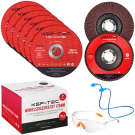 KSP-Tec® │6 Cutting Discs 125 x 1.0 mm - [With Protective Glasses and Hearing Protection] 2 Flap Discs │for Metal, Steel, Stainless Steel, Stone for Angle Grinder and Flex 125 mm