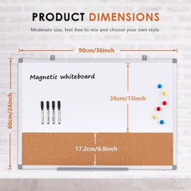 S SWANCROWN Magnetic Dry Erase and Cork Board Combo Hanging Whiteboard Notice Board for Wall Gift Home School Office, 36 x 24 Inches, with Maker/Pins/PenTray/Hooks